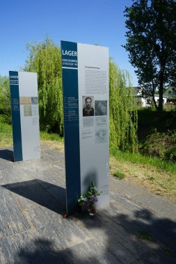 Information pillars about the forced labor camp. At the time of National Socialism, the camp at Kaulsdorfer Strasse 90 was the largest of at least 30 forced labor camps in Kaulsdorf, Berlin, Germany 
