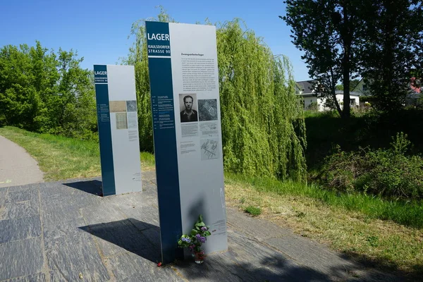 Information pillars about the forced labor camp. At the time of National Socialism, the camp at Kaulsdorfer Strasse 90 was the largest of at least 30 forced labor camps in Kaulsdorf, Berlin, Germany