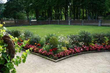 Çiçek açan yataklar Temmuz 'da Sanssouci Parkı' nı süslüyor. Sanssouci Parkı 1700 'lerin ortalarında Büyük Frederick' in altında inşa edilen Sanssouci Sarayı 'nı çevreleyen büyük bir parktır. Potsdam, Almanya 