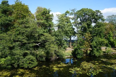 Ağustosta eski Spandau kasabasındaki nehir manzarası. Berlin, Almanya 
