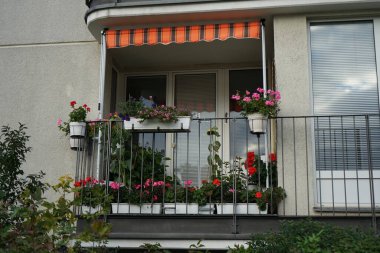 Modern bir konut binasının balkonu ekim ayında çiçeklerle süslenir. Berlin, Almanya 