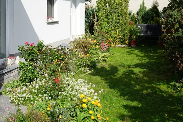 Çiçekli çiçek tarhları olan bir sonbahar bahçesi. Berlin, Almanya 
