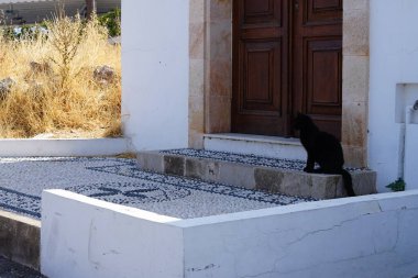 Lindos 'taki taş duvar resimleriyle süslenmiş bir evin verandasında siyah bir kedi oturuyor. Kedi Felis catus, Felidae familyasından evcil bir kedi türü. Lindos, Rodos, Yunanistan