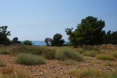 Akdeniz 'in güzel manzarası ve Yunanistan' ın Rodos Adası, Pefki civarındaki kıyı şeridi                                