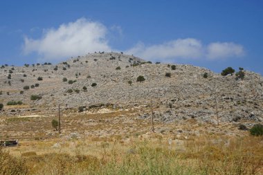 Güneşli bir günde Rodos adasının Akdeniz bitkileriyle kayalık tepelerin güzel manzarası. Rodos Adası, Yunanistan