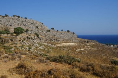 Ağustos 'ta, Güney Ege Bölgesi, Rodos Adası yakınlarındaki Lardos köyünde yaz bitkileriyle güzel bir manzara 