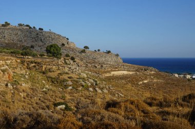 Ağustos 'ta, Güney Ege Bölgesi, Rodos Adası yakınlarındaki Lardos köyünde yaz bitkileriyle güzel bir manzara 