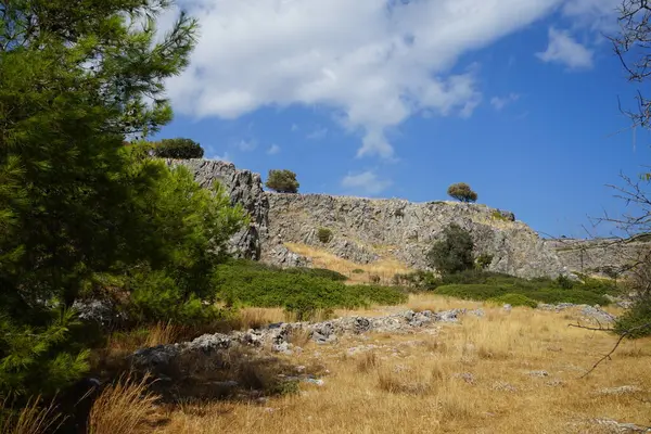 Ağustosta Pefki civarındaki yaz bitkileriyle güzel bir tepe manzarası. Pefkos ya da Pefki, Yunanistan 'ın Rodos Adası' nın doğu kıyısında bulunan ünlü bir sahil beldesidir.