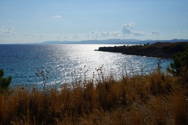 Ağustos ayında Pefki civarında yaz bitkileriyle Akdeniz manzarası var. Pefkos ya da Pefki, Yunanistan 'ın Rodos Adası' nın doğu kıyısında bulunan ünlü bir sahil beldesidir. 