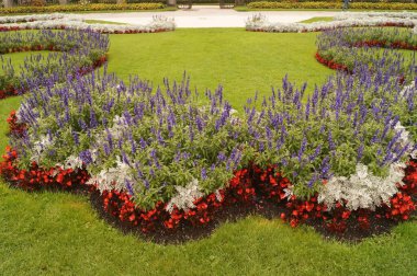 Eylül 'de çiçek tarhlı Mirabell Gardens manzarası. Mirabell Bahçeleri, Avusturya 'nın Salzburg kentindeki Mirabell Sarayı' nın bahçesidir.. 