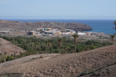 Kasım ayında botanik bahçesinden güzel bitkilerle La Lajita köyünün manzarası. La Lajita tatil beldesi Fuerteventura 'nın güneydoğu kıyısında yer almaktadır. Vaha Fuerteventura, La Lajita, Las Palmas, İspanya  