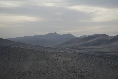 Kosta Calma, Fuerteventura, Las Palmas, İspanya kıyılarında sonbahar bitki örtüsü bulunan tepe arazisi.