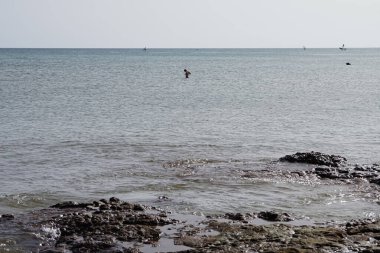 Costa Calma 'daki plaj tatilcileri için çeşitli su sporları mevcuttur. Su sporları ya da su sporları su vücutlarında yapılan spor faaliyetleridir. Fuerteventura, Kanarya Adaları, İspanya.