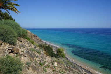 Ekim ayında Atlantik Okyanusu kıyısındaki Playa de Esquinzo 'nun Esquinzo Plajı manzarası. Esquinzo, Fuerteventura, Las Palmas, Kanarya Adaları, İspanya.