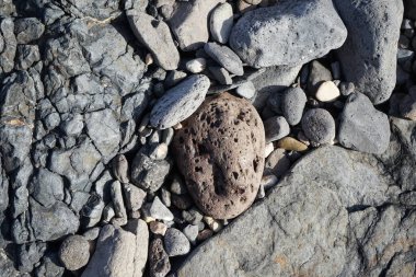 Matas Körfezi 'ndeki Atlantik Okyanusu kıyısındaki Playas de Matas Blancas plajında güzel taşlar bulunur. Costa Calma, Fuerteventura, Las Palmas, Kanarya Adaları, İspanya. 