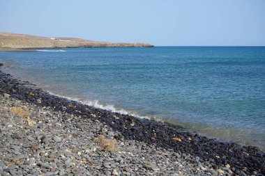 Matas de Matas Blancas plajında Matas Körfezi 'ndeki Atlantik Okyanusu kıyısında sonbaharda manzara. Costa Calma, Fuerteventura, Las Palmas, Kanarya Adaları, İspanya. 