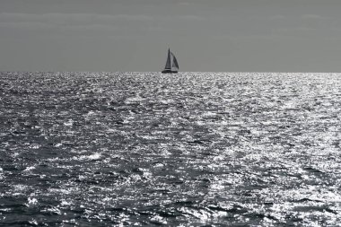 Bir yelkenli sonbaharda Matas Körfezi 'nde Atlantik Okyanusu' nun dalgalarında yelken açar. Costa Calma, Fuerteventura, Las Palmas, Kanarya Adaları, İspanya.