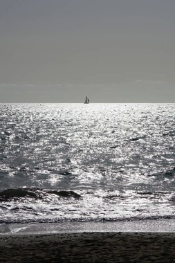 Bir yelkenli sonbaharda Matas Körfezi 'nde Atlantik Okyanusu' nun dalgalarında yelken açar. Costa Calma, Fuerteventura, Las Palmas, Kanarya Adaları, İspanya.