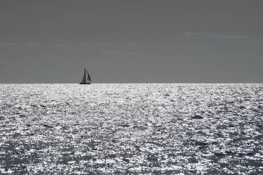 Bir yelkenli sonbaharda Matas Körfezi 'nde Atlantik Okyanusu' nun dalgalarında yelken açar. Costa Calma, Fuerteventura, Las Palmas, Kanarya Adaları, İspanya.