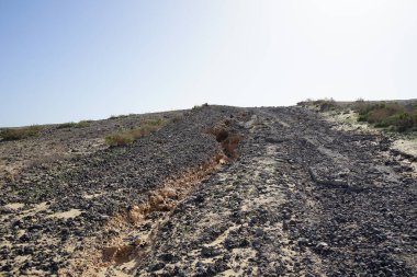 Ekim ayındaki güzel doğal manzara Costa Calma, Fuerteventura, Las Palmas, Kanarya Adaları, İspanya 'nın Atlantik kıyısındaki Playas de Matas Blancas plajı civarındadır..
