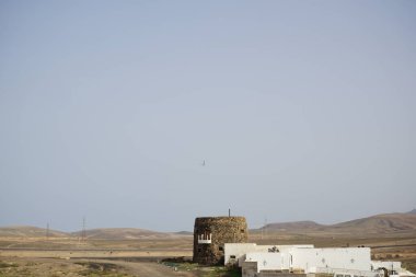 Ekim 'de bir martı Larus Michael Hellis, Rancho de Matas Blancas çiftliğinin üzerinden uçuyor. Sarı bacaklı martı, Larus michahellis, büyük bir martıdır. Costa Calma, Fuerteventura, Las Palmas, Kanarya Adaları, İspanya. 