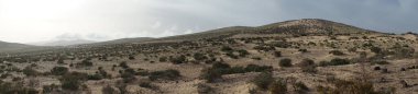 Fotoğraf panoraması. Ekim ayında Fuerteventura 'daki Mirador El Paso' da güzel yuvarlanan tepeler. Las Palmas, Kanarya Adaları, İspanya.       