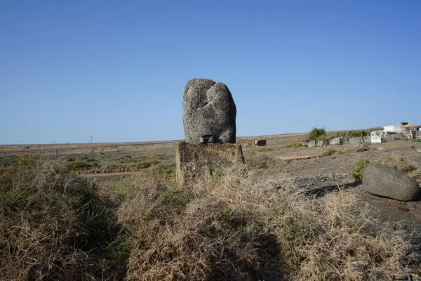 Costa Calma, Fuerteventura, İspanya - 26 Ekim 2022: Bu bölgedeki bir taşın üzerindeki bilgi plaketine göre bu bölgedeki fosiller Kanarya Adaları 'nda soyu tükenmiş olan deniz salyangozu Strombus bubonius' un kabuklarından gelmektedir..