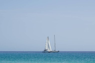 Ekim 'de Playa del Matorral plajı boyunca Atlantik Okyanusu' nda yelkenliler denize açılır. Morro Jable, Jandia, Fuerteventura, Las Palmas, Kanarya Adaları, İspanya. 