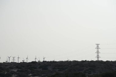 Plaj tatil beldesi Costa Calma 'nın kenar mahallelerine rüzgar türbinleri yerleştirildi. Rüzgar türbini rüzgarın kinetik enerjisini elektrik enerjisine dönüştüren bir cihazdır. Costa Calma, Jandia, Fuerteventura, Las Palmas, Kanarya Adaları.