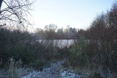 Aralık ayında donmuş Wuhlesee Gölü manzarası. Wuhlebecken, Almanya 'da Marzahn-Hellersdorf eyaletinde yer alan bir göldür..