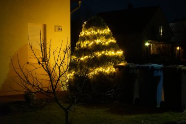 Yılbaşı ve yeni yıl süslemeleri bir kış akşamında bahçeye monte edilir. Berlin, Almanya