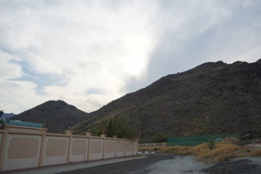 Nisan ayında bitki örtüsü bulunan güzel dağ manzarası Khor Fakkan, Sharjah, Birleşik Arap Emirlikleri 'nin yakınlarında yer almaktadır.. 