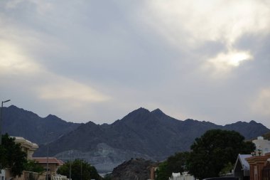 Nisan ayında bitki örtüsü bulunan güzel dağ manzarası Khor Fakkan, Sharjah, Birleşik Arap Emirlikleri 'nin yakınlarında yer almaktadır.. 