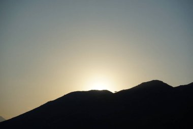 Khor Fakkan 'daki Al Suwaifa Yürüyüş Yolu' ndan Vachellia tortilis ile dağların arkasındaki günbatımı manzarası. Vachellia tortilis (