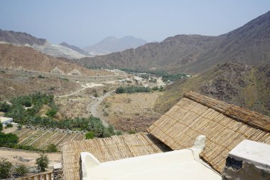 Nisan ayında eski Najd Al Miqsar köyünün çevresindeki manzaraya bakın. Najd Al Miqsar, Khor Fakkan 'ın batısında, BAE' nin başkenti Sharjah 'ta terk edilmiş tarihi bir yerleşim yeridir.. 