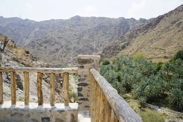 Nisan ayında eski Najd Al Miqsar köyünün çevresindeki manzaraya bakın. Najd Al Miqsar, Khor Fakkan 'ın batısında, BAE' nin başkenti Sharjah 'ta terk edilmiş tarihi bir yerleşim yeridir.. 