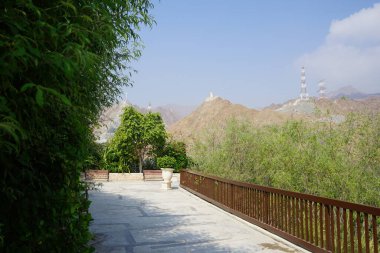 Al Rafisah Barajı 'ndaki Hawd al Bid' ah rezervuarı boyunca tropikal bitki örtüsüne sahip güzel açık bej vazolar yerleştirilmiştir. Wadi Wshee, Sharjah, BAE. 