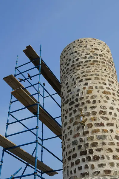 Corvus 'un görkemli kuşları Khor Fakkan' daki Al Adwani Kulesi civarında bulunur. Ev kargası, Corvus splendens, karga familyasının yaygın bir kuşudur. Sharjah, BAE.                                