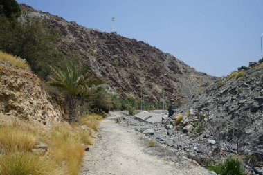 Nisan 'da Al Rafisah Barajı' ndan geçen kurumuş kayalık nehir yatağını görüyoruz. Wadi Wshee, Sharjah, BAE. 