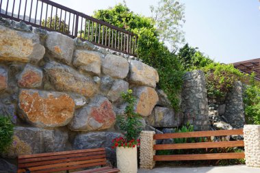 Kırmızı çiçekli Petunia x atkinsiana, sarı çiçekli Senna surattensis ve mor çiçekli Ruellia simplex Al Rafisah Barajı 'ndaki saksılarda yetişiyor. Wadi Wshee, Sharjah, BAE.