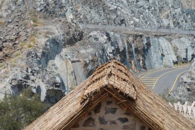 Tristis ve Spilopelia senegalensis kuşları eski Najd Al Miqsar köyü civarında yaşarlar. The Common Myna, Acridotheres tristis. Wadi Wshee, Sharjah, BAE. 