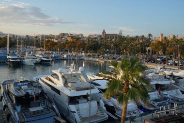 Palma, Mallorca, İspanya - 10 Eylül 2023: Akdeniz kıyısındaki Port de Palma 'da park etmiş bir su aracı. Bir su aracı ya da su aracılığı ile seyahat etmek için tasarlanmış herhangi bir araçtır..                                