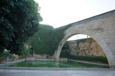 12. yüzyılda, Mallorca Arap egemenliği sırasında, Arc de sa Drassana büyük bir dikkatle inşa edildi. Kemerin hemen yanında bu tarihi bölgenin cazibesinin altını çizen cennet gibi Lago del Cisnea gölü var. Palma, Mallorca, İspanya.