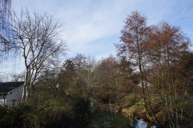 Şubat ayında Wuhle nehri ile güzel bir kış manzarası. Wuhle, Spree 'ye küçük bir sağ yaka haracı. Berlin, Almanya, Avrupa. 