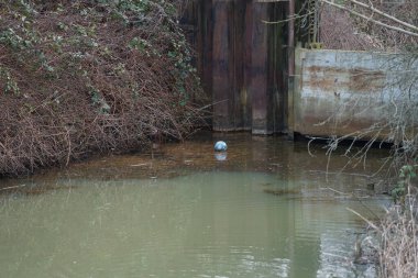 Şubat ayında Wuhlebecken veya Wuhlebecken nehri ile barajın yanındaki Wuhle Nehri 'nde mavi ve beyaz bir lastik top yüzer. Berlin, Almanya, Avrupa. 