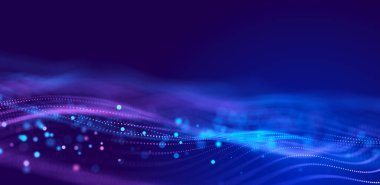 Büyük veri görselleştirmesi. Müzikal müzik akışı. Noktalar ve çizgilerin birbirine bağlandığı soyut bir arkaplan. Üç Boyut .