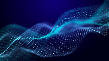 Büyük veri görselleştirmesi. Müzikal müzik akışı. Noktalar ve çizgilerin birbirine bağlandığı soyut bir arkaplan. Üç Boyut .