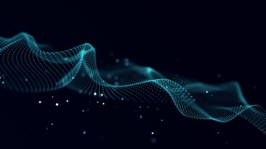 Siyah bir arkaplanda hareket eden, parlayan parçacıkların gelecekteki arkaplanı. Büyük miktarda veri. Üç Boyut .