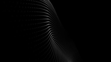 Siyah bir arkaplanda hareket eden, parlayan parçacıkların gelecekteki arkaplanı. Büyük miktarda veri. Üç boyutlu. Kusursuz döngü.