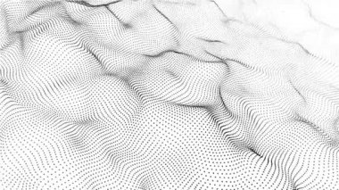 Hareket eden parçacıklar dalgası. Beyaz arkaplanda üç boyutlu soyut illüstrasyon. Kusursuz döngü.